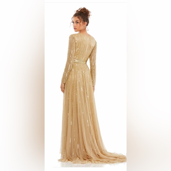 Mac Duggal Long Sleeve V-Neck Gold Gown - Picture 2 of 16